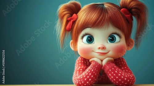 Portrait of a cute cartoon redheaded child girl on a blue background. 3D