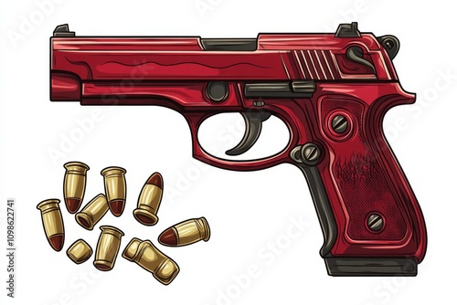 Arranged on a white surface, a silver gun with a red grip is paired with several golden bullets that have red tips.