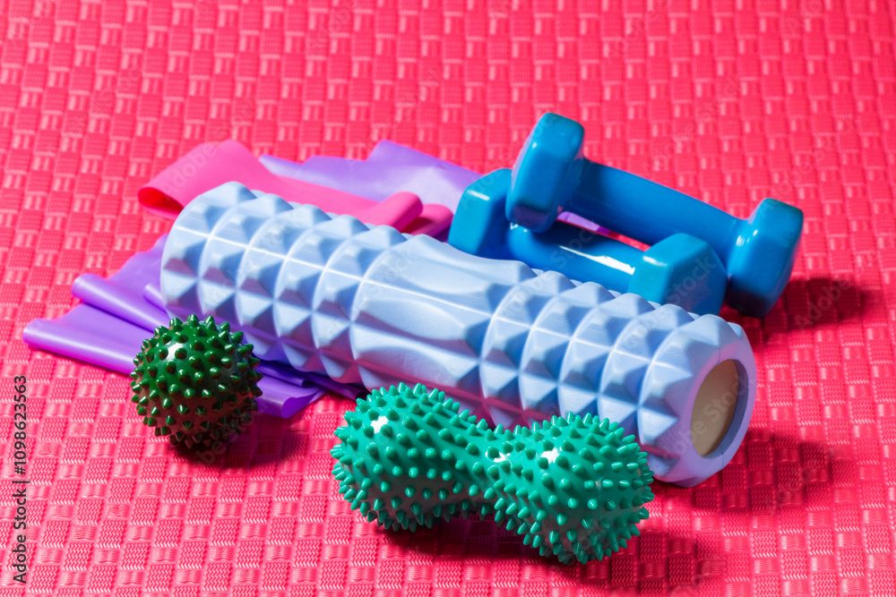 Colorful fitness, pilates or yoga equipment: mat, belts, roller, dumbbells, spiked balls.