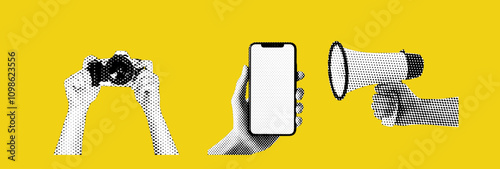 Collage element with hands and cutout shape and doodle element. Vintage vector set. Retro halftone effect. Hand gestures with the camera and the flag. Pack for advertising.