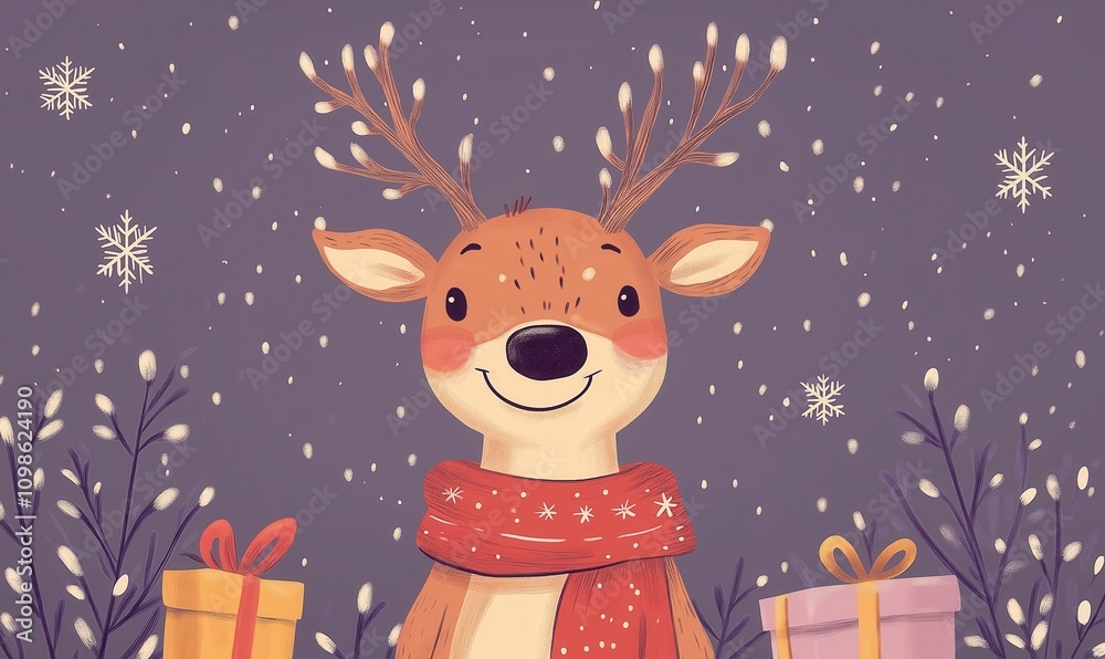 Naklejka premium Christmas card with cartoon reindeer on lilac background.