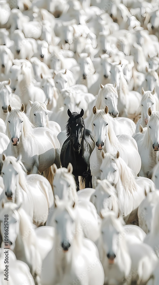 Obraz premium Herd of white horses with a black horse for contrast 