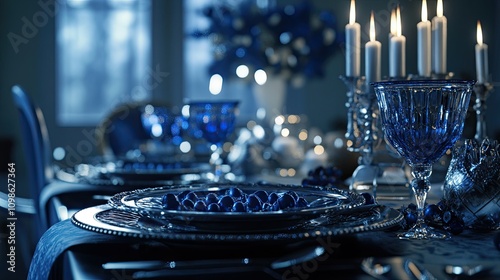 A Hanukkah table setting with blue and silver decorations, menorah, and a feast ready to be served photo