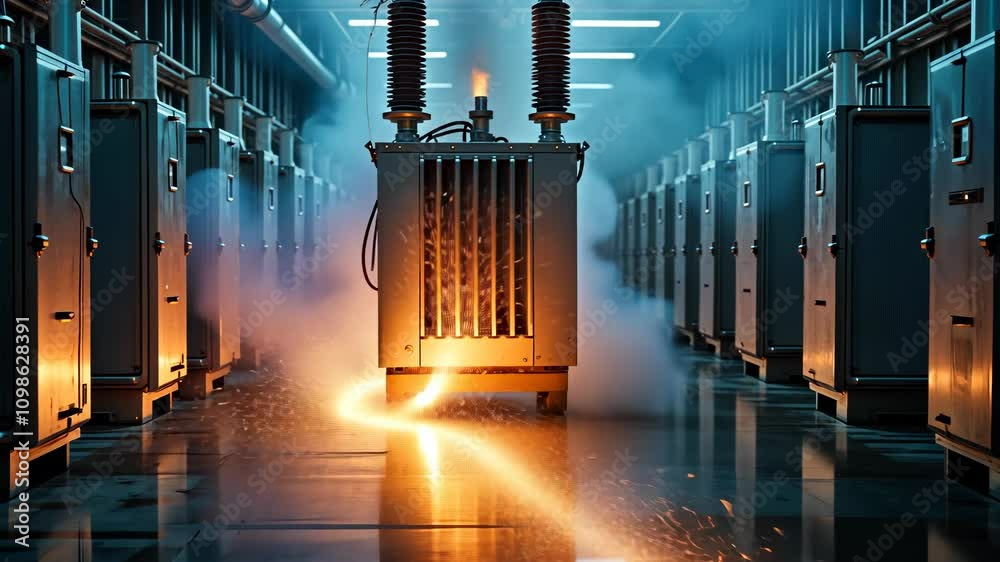 Industrial transformer is malfunctioned, with sparks and smoke emitted