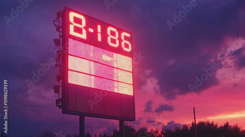 A football scoreboard illuminated against the evening sky, showcasing the final score