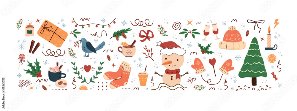 Fototapeta premium concept winter, pattern, Fir tree, stars, dots, snow, line drawing. Holiday design elements are isolated on white background. Simple shape conceptfor winter season cards, for party poster, banner