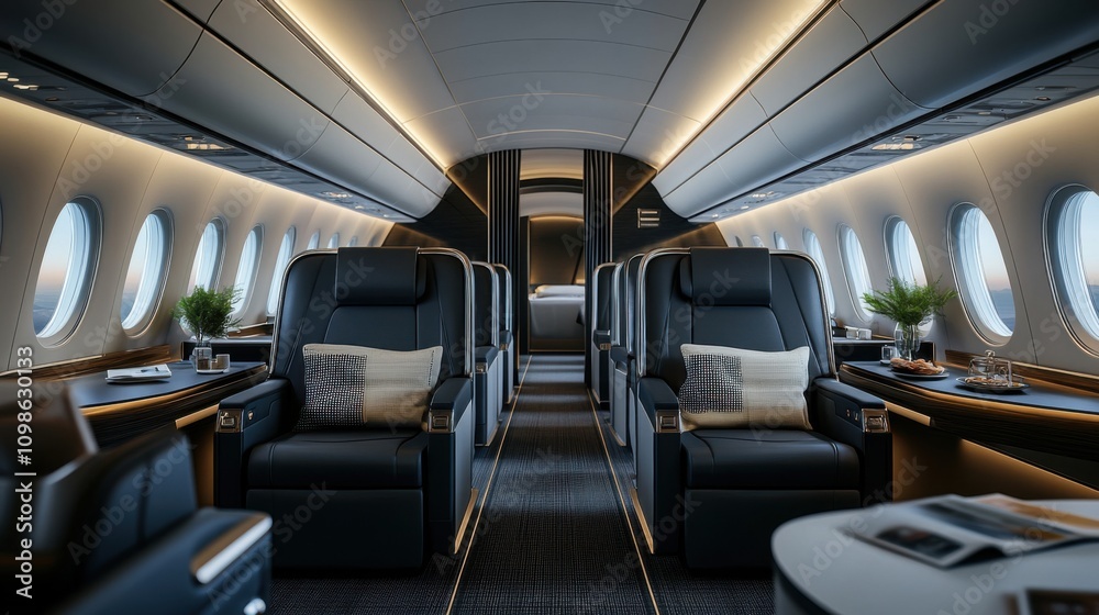 Fototapeta premium Luxurious Airplane Interior with Spacious Seating and Elegant Design for Premium Travel Experience