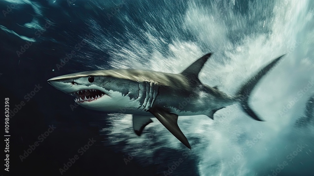 Fototapeta premium A fierce-looking mako shark slicing through the water at high speed