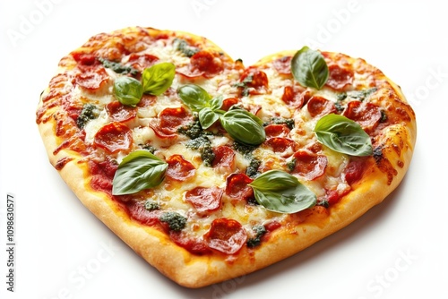 Heart-shaped pizza with pepperoni, fresh basil leaves, melted mozzarella, and rich tomato sauce, perfect for Valentine's Day celebrations, romantic dinners, or gourmet food photography