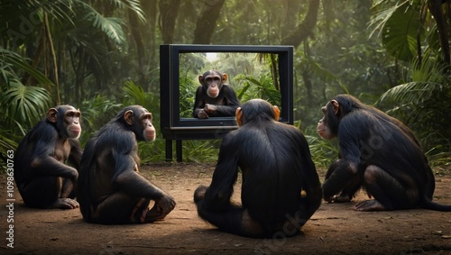 Chimpanzees sitting and watching TV in a tropical forest photo