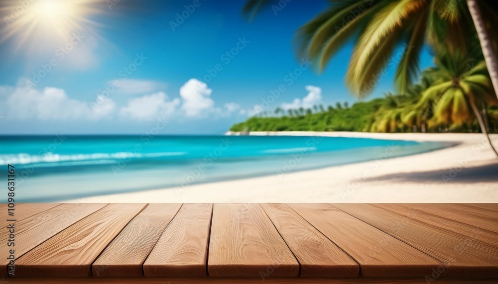 Fototapeta premium empty wooden table top with blurred tropical beach background for product display