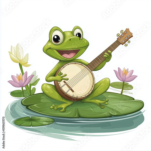 A laughing frog playing the banjo, sitting on a lily pad in a cartoon pond setting, illustrated on a white background