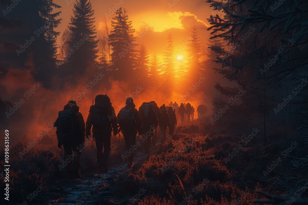 Fototapeta premium Group of hikers with backpacks trekking through misty forest trail at sunrise with orange glow and silhouetted trees creating dramatic scenery hiking