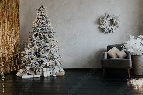 Christmas tree with gifts, toys, garlands decorated for the new year
