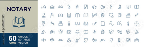 Set of notary line icons. Related to bubble, barrister, glow, contract, flyer, legal, book and more. Thin outline icons pack. Editable vector illustration.