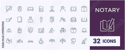 Set of notary line icons. Related to bubble, barrister, glow, contract, flyer, legal, book and more. Thin outline icons pack. Editable vector illustration.
