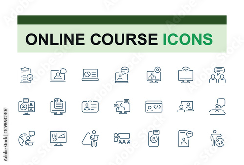 Online Course icon set. Contains related to cost, online, icon, teacher, tuition, thin, symbol and more. Set of line pictogram. Editable stroke.