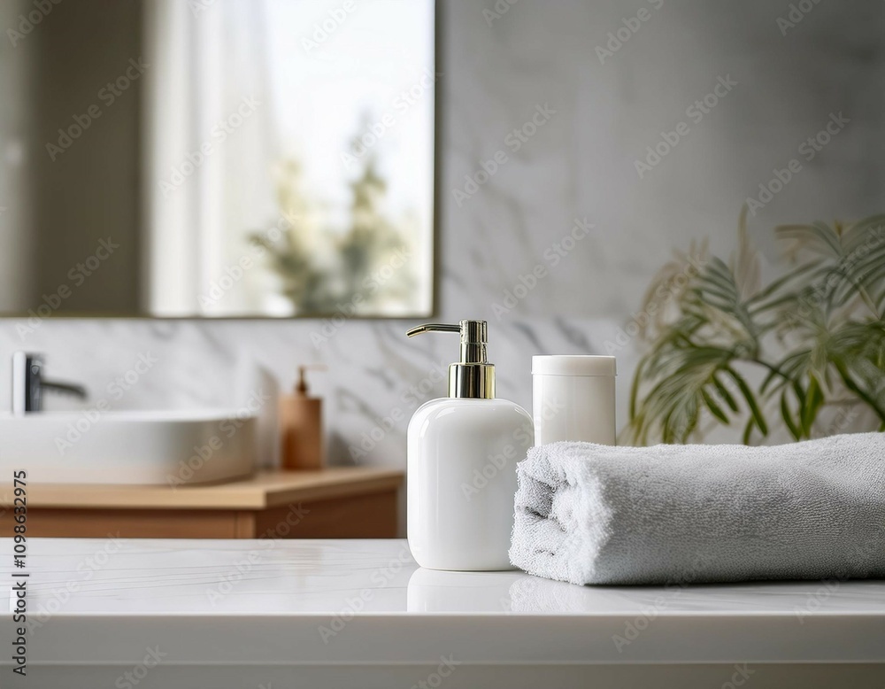 Fototapeta premium copy space on white marble tabletop with bath accessories over blurred bathroom in the background