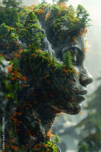 Majestic Transformation of Nature: Detailed Sculptural Art of a Stone Face Covered in Lush Greenery and Vibrant Rock TextureNature