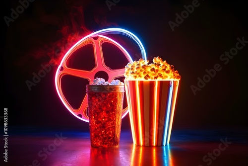 Dynamic light trails forming a popcorn bucket, soda cup, and film reel icon in neon colors against a black backdrop --ar 3:2 --s 50 photo