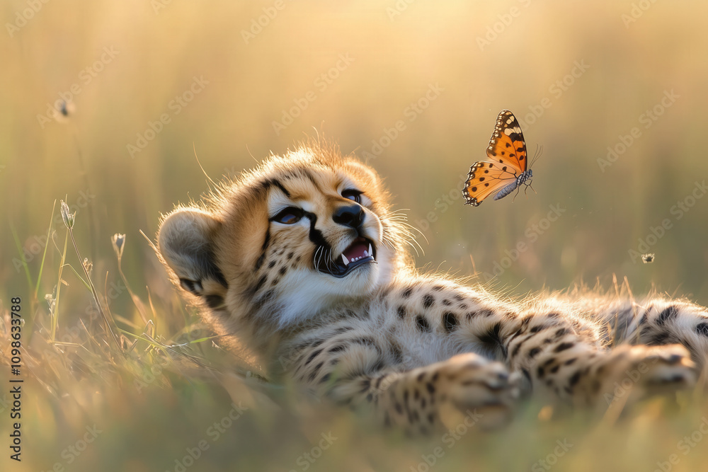 Obraz premium A smiling cheetah cub lying in tall grass, playfully swatting at a butterfly