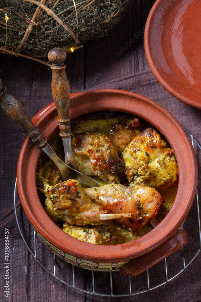 Rabbit with herbs, thyme and rosemary, and garlic in sour cream sauce, baked in a clay pot.