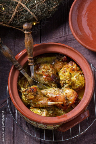 Obraz na płótnie Rabbit with herbs, thyme and rosemary, and garlic in sour cream sauce, baked in a clay pot. w salonie
