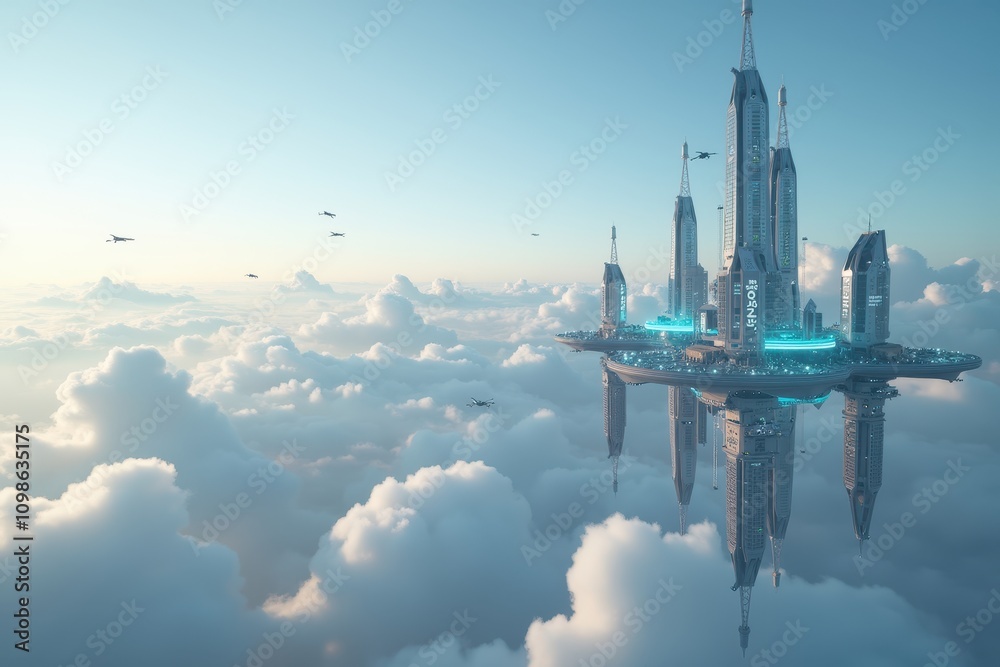 Fototapeta premium Futuristic Floating City Above Clouds with Modern Architecture, Advanced Technology, and Reflective Surfaces, Showcasing Innovation and Urban Design in a Dreamlike Setting