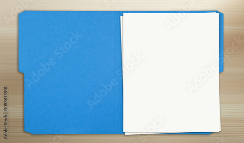 open folder on wood table, blank papers