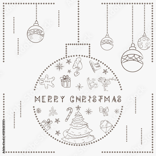 Christmas contour illustration in the style of childrens doodles Christmas design elements in a Christmas ball festive fir tree