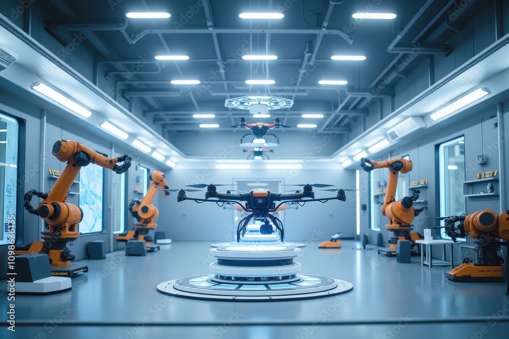 Fototapeta premium High-Tech Assembly Line Featuring Drones and Robotic Arms in a Futuristic Manufacturing Facility, Illustrating Modern Automation and Precision Engineering Techniques