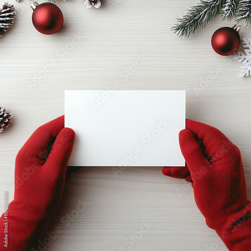 Santa's Hands Holding a Blank Christmas Card Mockup with Holiday Decorations