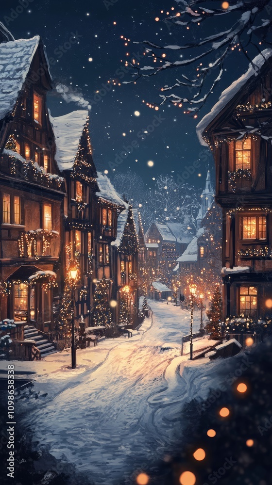 Fototapeta premium Charming snowy village street at night, adorned with festive lights and cozy wooden houses, creating a magical winter atmosphere.