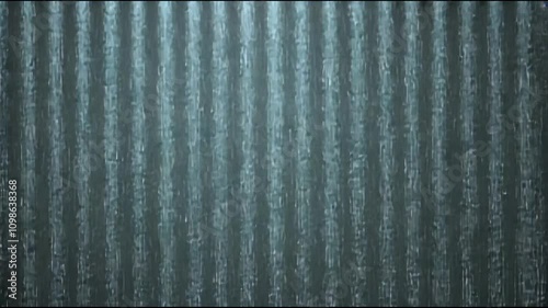Digital rain streaming across a metallic surface with sporadic flashes