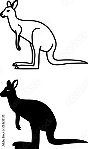 Kangaroo Icons. Black and White Vector Illustration. Marsupial Mammal, Funny Kangaroo with Massive Tail, Powerful Hind Legs, and Small Forepaws. For Coloring Book Design. Animal Concept