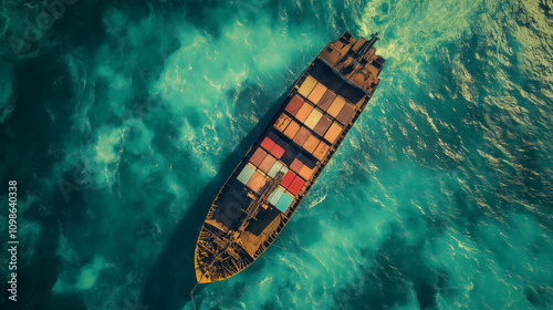 aerial view from drone, cargo ship carrying containers on the ocean. world trade and logistics visualized