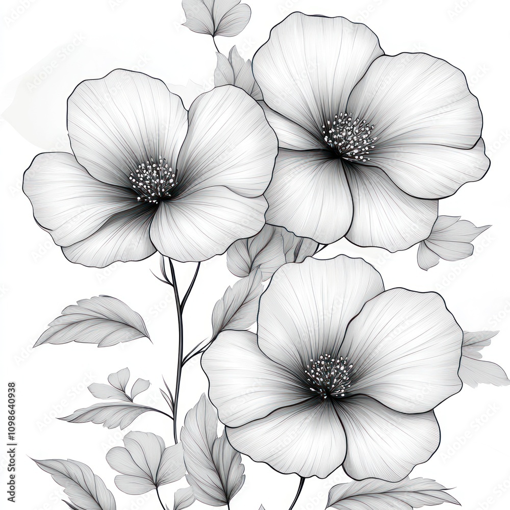 Fototapeta premium A monochrome illustration of three flowers with delicate petals and leaves.