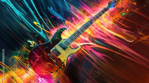 Electric guitar set against a vibrant, colorful background.  The image evokes energy and passion.