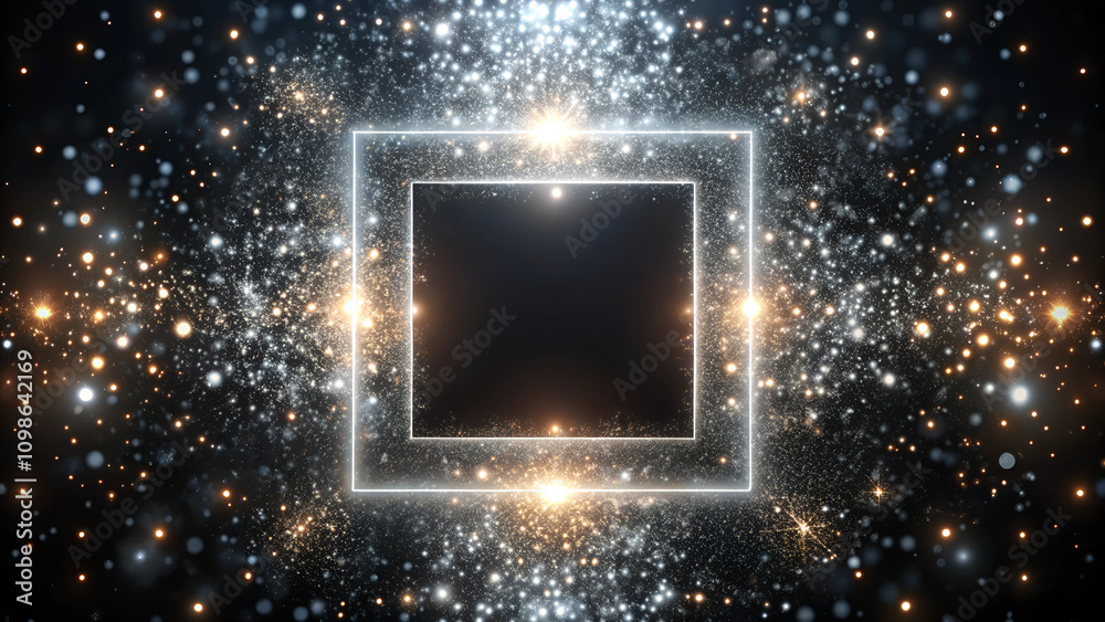 Obraz premium Silver glittering frame with gold and silver dust on black background, beautiful abstract background
