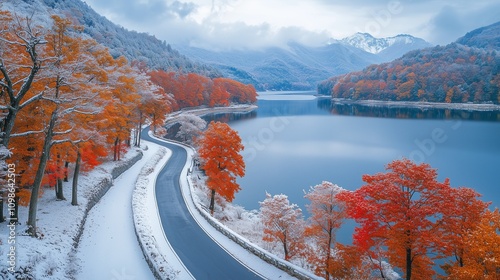 autumn and winter on a lake in the mountains, the ground has snow, the lake has red and yellow trees connected into a piece, cold winter, after the snow