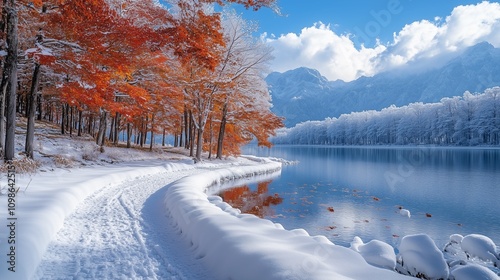 autumn and winter on a lake in the mountains, the ground has snow, the lake has red and yellow trees connected into a piece, cold winter, after the snow