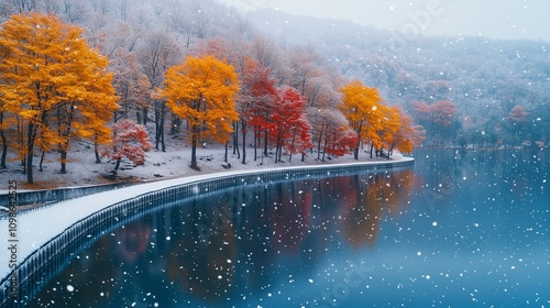 autumn and winter on a lake in the mountains, the ground has snow, the lake has red and yellow trees connected into a piece, cold winter, after the snow