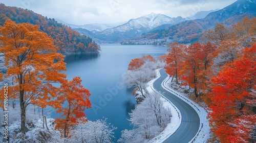 autumn and winter on a lake in the mountains, the ground has snow, the lake has red and yellow trees connected into a piece, cold winter, after the snow