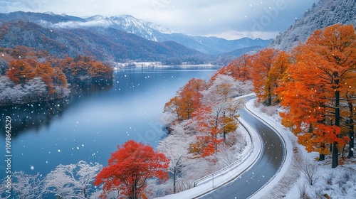 autumn and winter on a lake in the mountains, the ground has snow, the lake has red and yellow trees connected into a piece, cold winter, after the snow