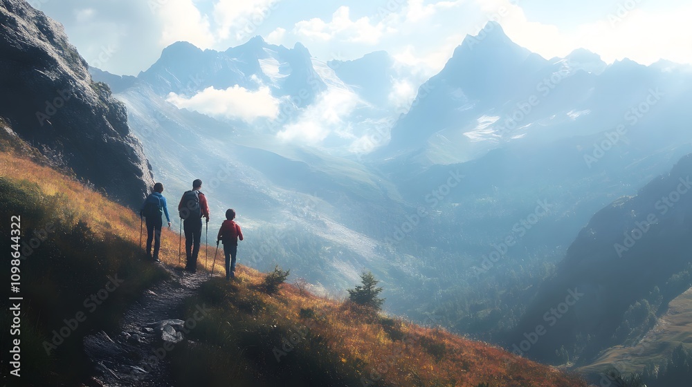 Obraz premium Hikers on mountain trail with scenic valley view.