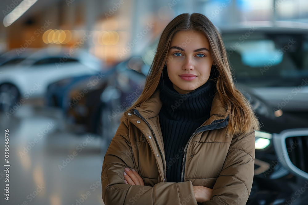Fototapeta premium Young Caucasian woman poses with a new SUV in a car showroom.