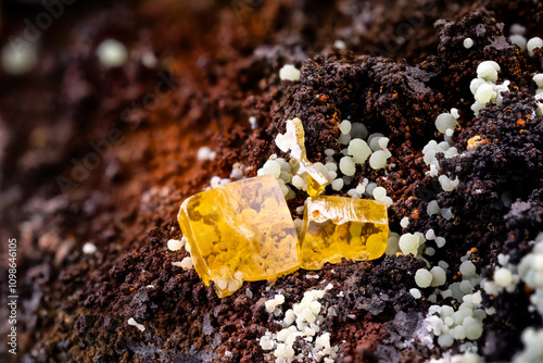 yellow Wulfenite with green Mimetite crystals. Specimen from Ojuela Mine, Mapimi, Mexico. macro photography detail texture background. close-up mineral crystal unpolished semi-precious gemstone
 photo