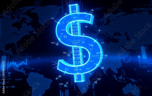 Creative wide glowing dollar sign hologram with forex chart and map. Currency, trade and online payment concept. 3D Rendering. photo