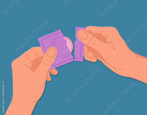 Human hands open condom package. Person fingers holding condom package and tearing it. Concept of contraception, protection against infections and unwanted pregnancy, safe sex. Vector illustration