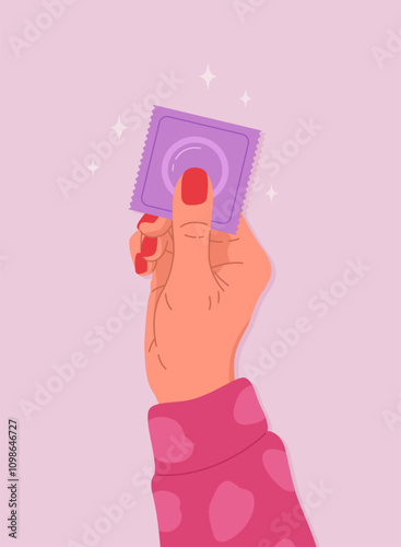 Female hand holding condom package. Concept of contraception method, protection against infections and unwanted pregnancy. Birth control, safe sex concept. Vector cartoon flat illustration.